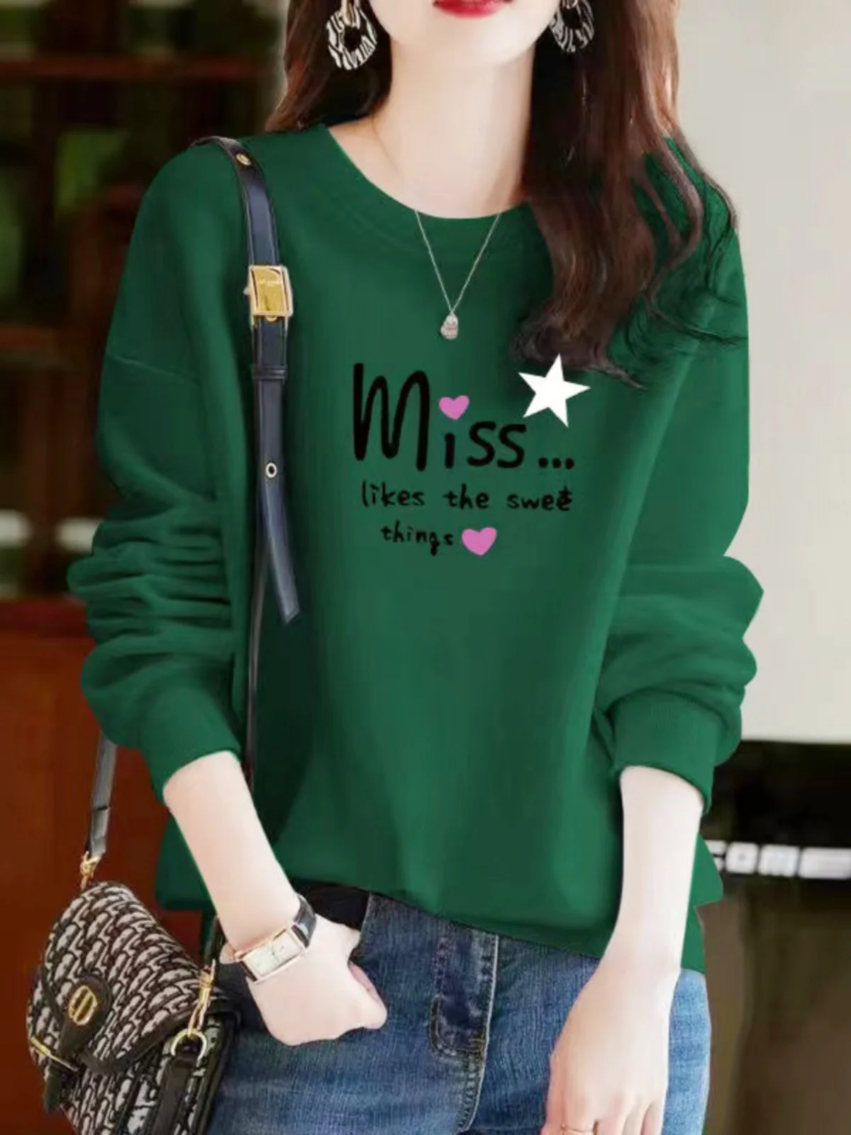 Autumn New Sle Long Sve Pure Cotton Printed Sweatirt Casual Slimming Base Layer irt Comfortable round Ne Commute S...