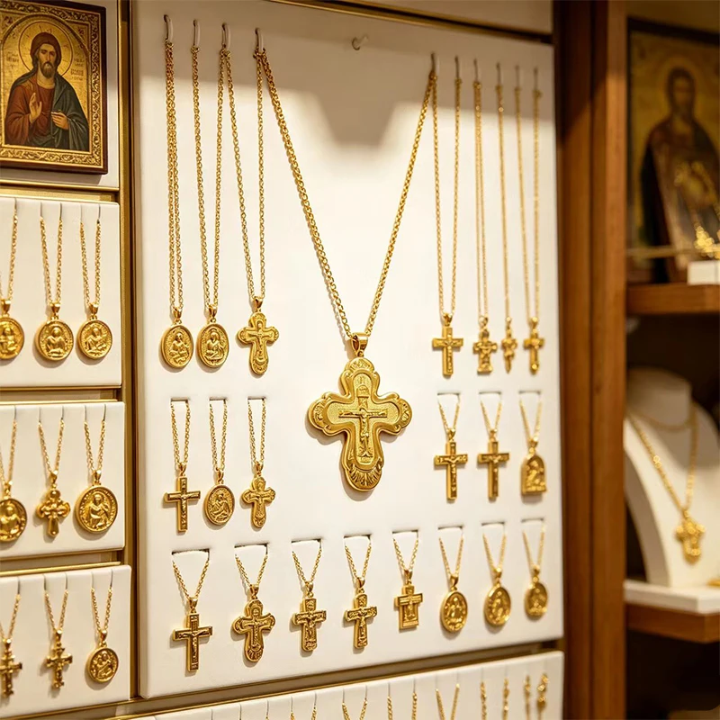 Luxury Orthodox Byzantine Crucifix Cross Pendant Necklace With Chain Zinc Alloy Gold Tone Corpus Jesus Christ Religious Gift