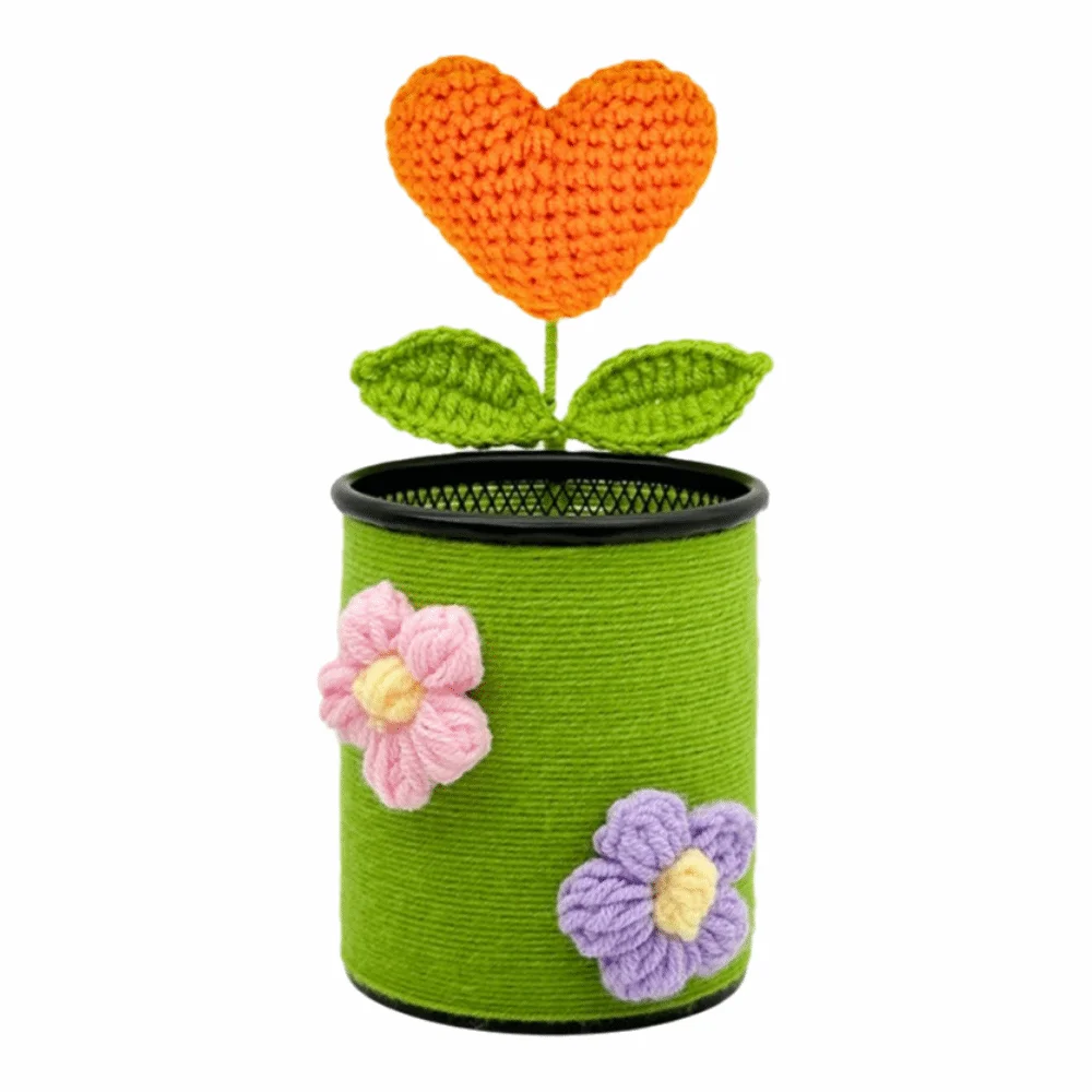 Handmade Crochet Sunflower Pen Holder Cute Simulated Flower Knitted Flowers Pencil Organizer Creative Durable Desk Pencil Holder