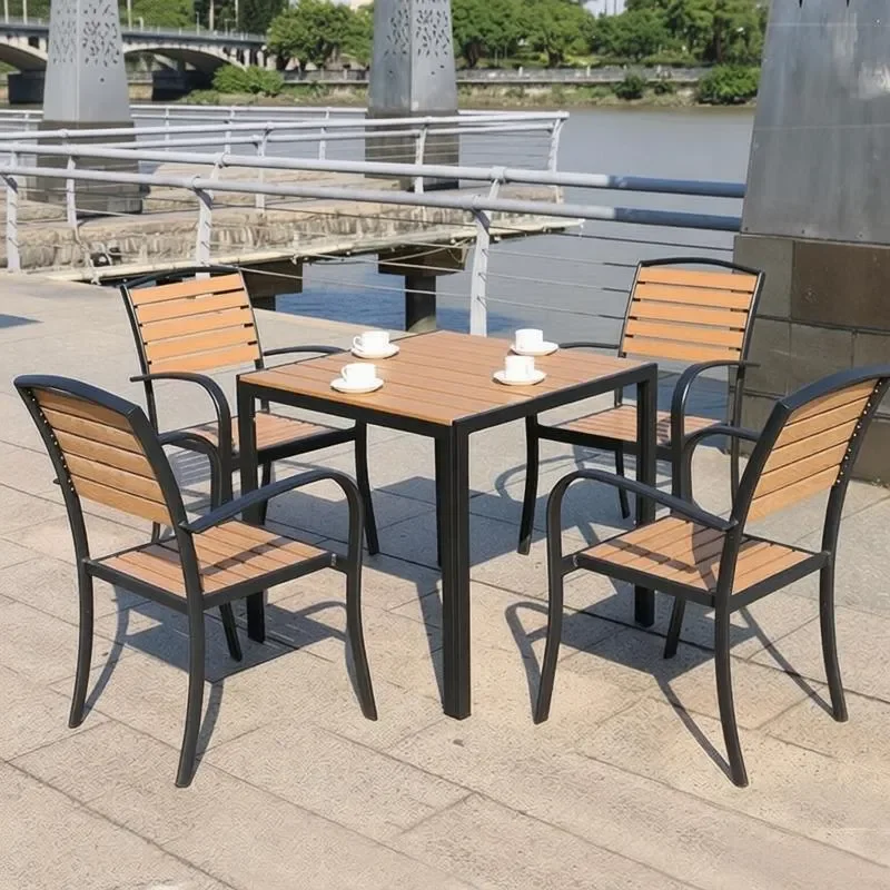 for Outdoor Plastic Wood Tables and Chairs European Simple Teak Color Garden Leisure Table and Chair Combination for Outdoor