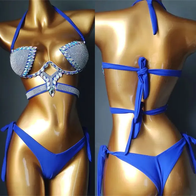 

Розовый, синий, стразы, бикини, костюм для танца на пилоне, бар, ночной клуб, диджей, сексуальная сценическая одежда, танцовщица, карнавальная вечеринка, рейв-наряды