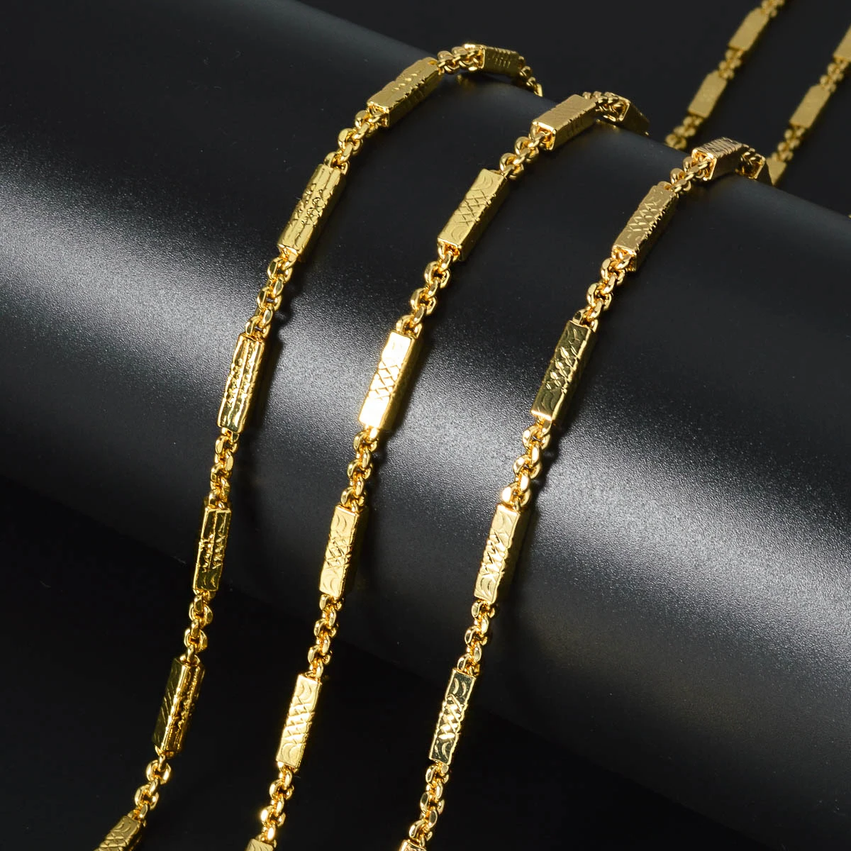 Vintage Ethnic Bar Link Necklace 18K Gold Plated Engraved Nickel Free Thin Textured Chain African Unisex Statement Punk Jewelry
