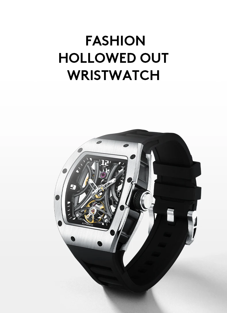 Midsummer Weekend Automatic Mechanical Watch with Transparent Hollow Design Waterproof Luminous Square Wristwatch Stylish
