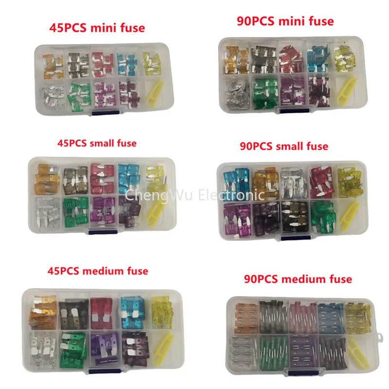 90/45pcs/boxed Car Fuse Mini/small/medium 5-40A  32V Assortment Automotive Blade Type Combination Fuse with Clip Kits