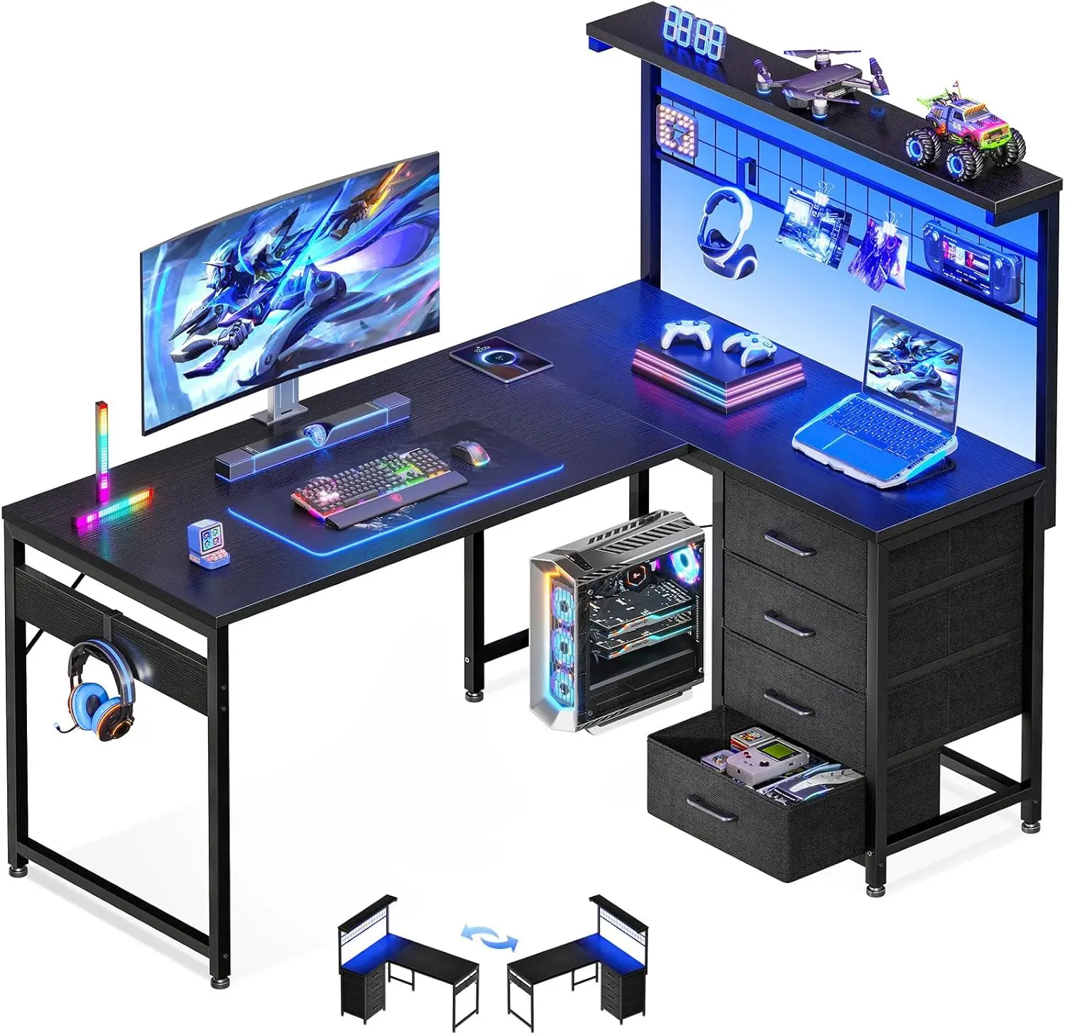 

43" L Shaped Gaming Desk for Small Rooms, Compact Corner Computer Table with Hutch, 4 Drawers, LED Light, Home Office