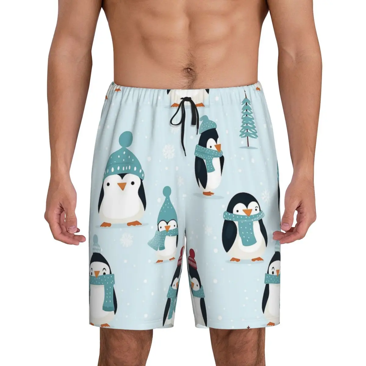

Мужские короткие пижамные шорты с милым принтом пингвинов для сна и отдыха