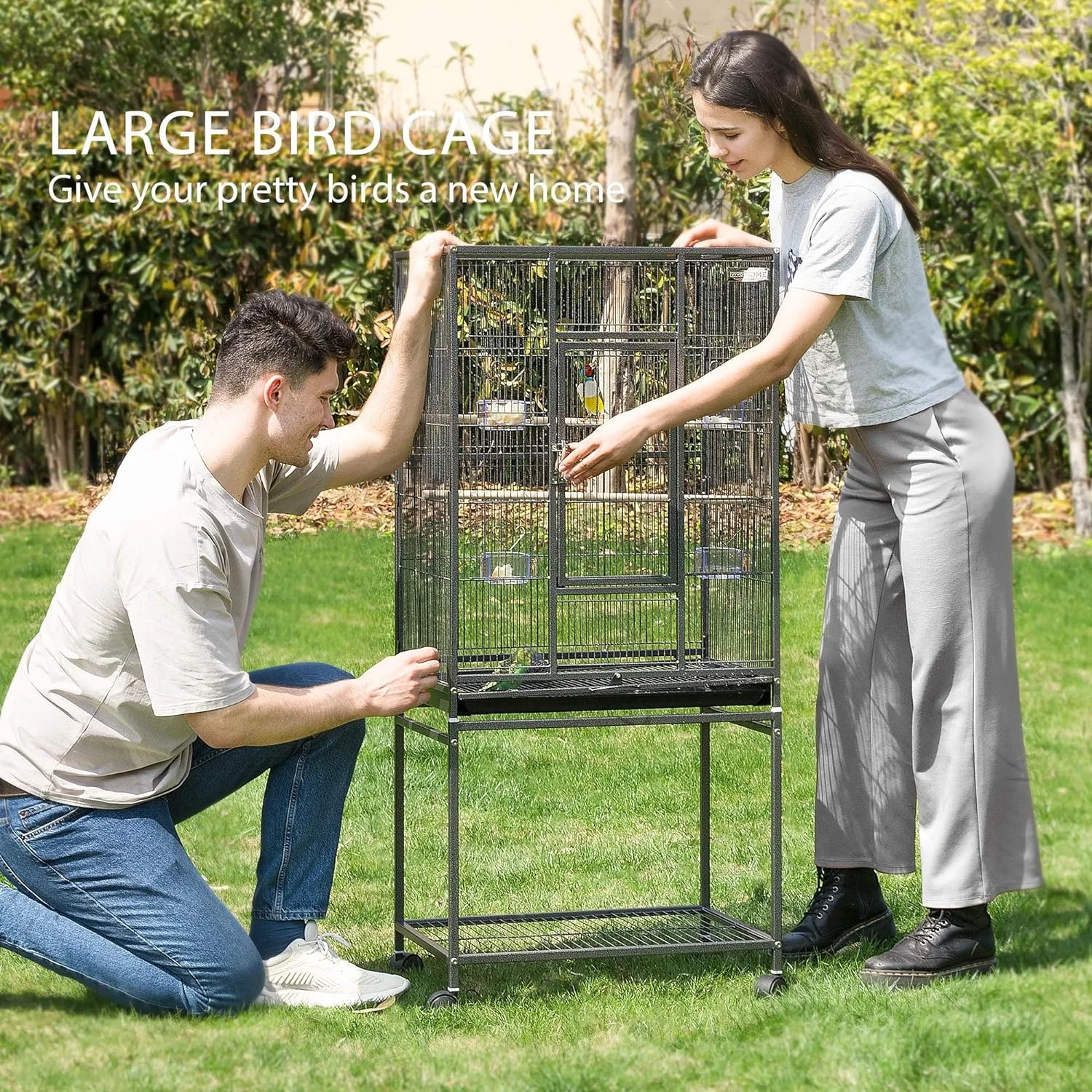 54 Inch Wrought Iron Large Bird Flight Cage with Rolling Stand for Parakeets Canaries Cockatiels Lovebirds Conures, Black