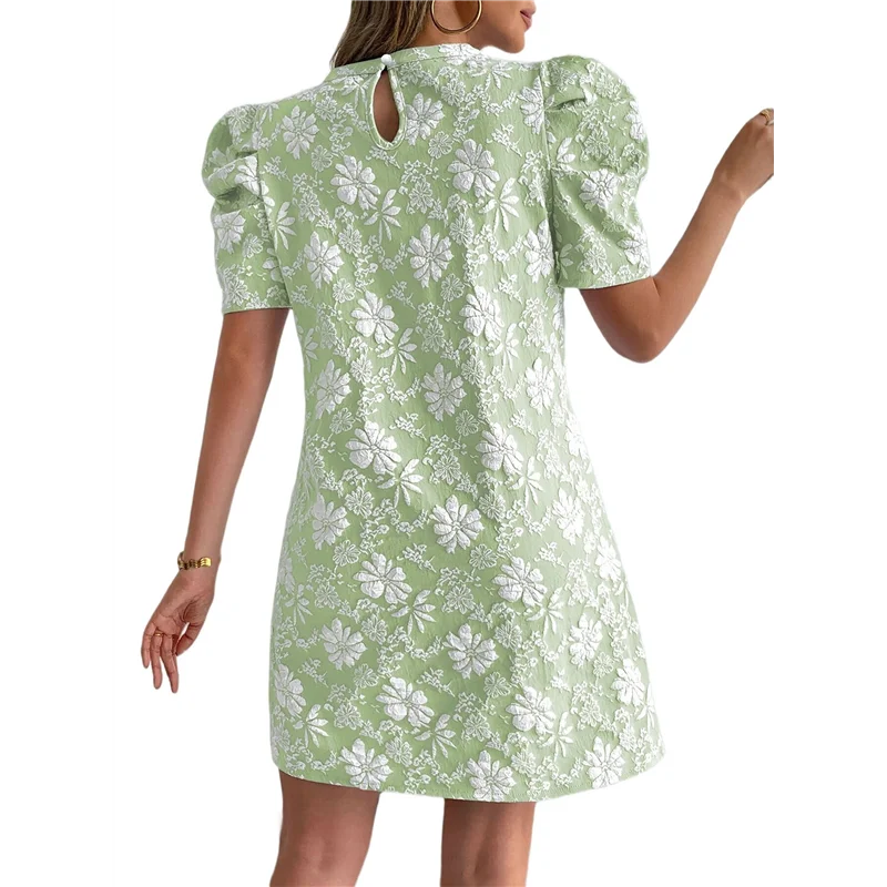 CYL-Damen Floral Puff Kurzarm Minikleid Hohe Taille Sommer Boho Kurze Kleider