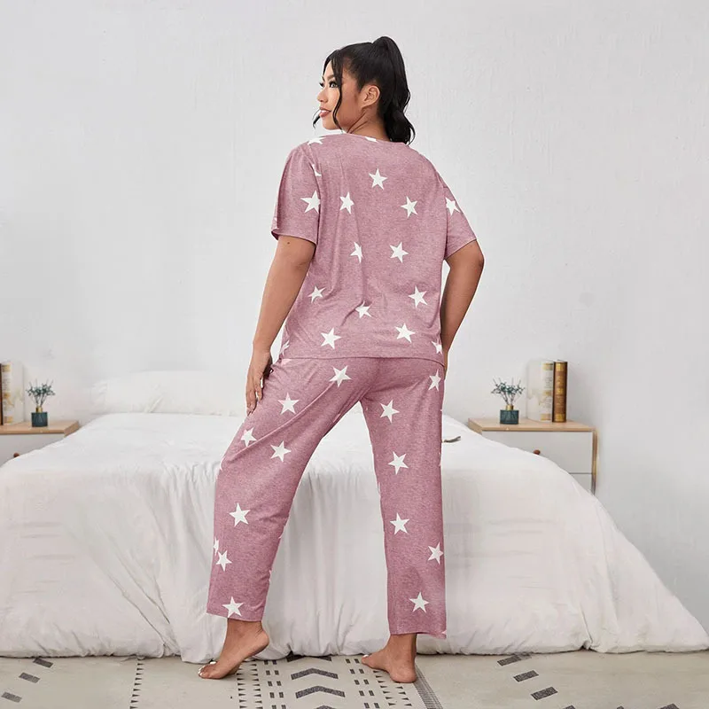 5XL Big Size Pajamas For Women Summer Autumn Faux Cotton Pajama Set  Short Sleeved Casual Loose Luxury Print Sleepwear Pijama