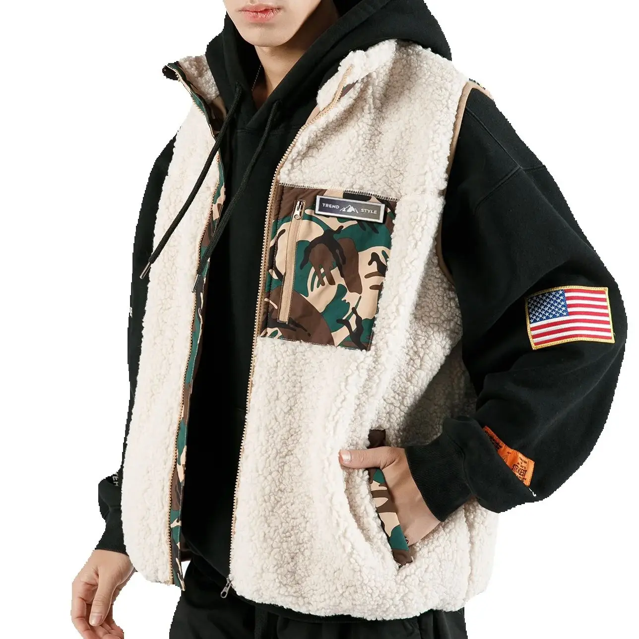 

Mens Fuzzy Sherpa Fleece Vest Jackets Oversized Casual Trendy Patch Design Cozy Warm Sleeveless Autumn Winter Outerwear