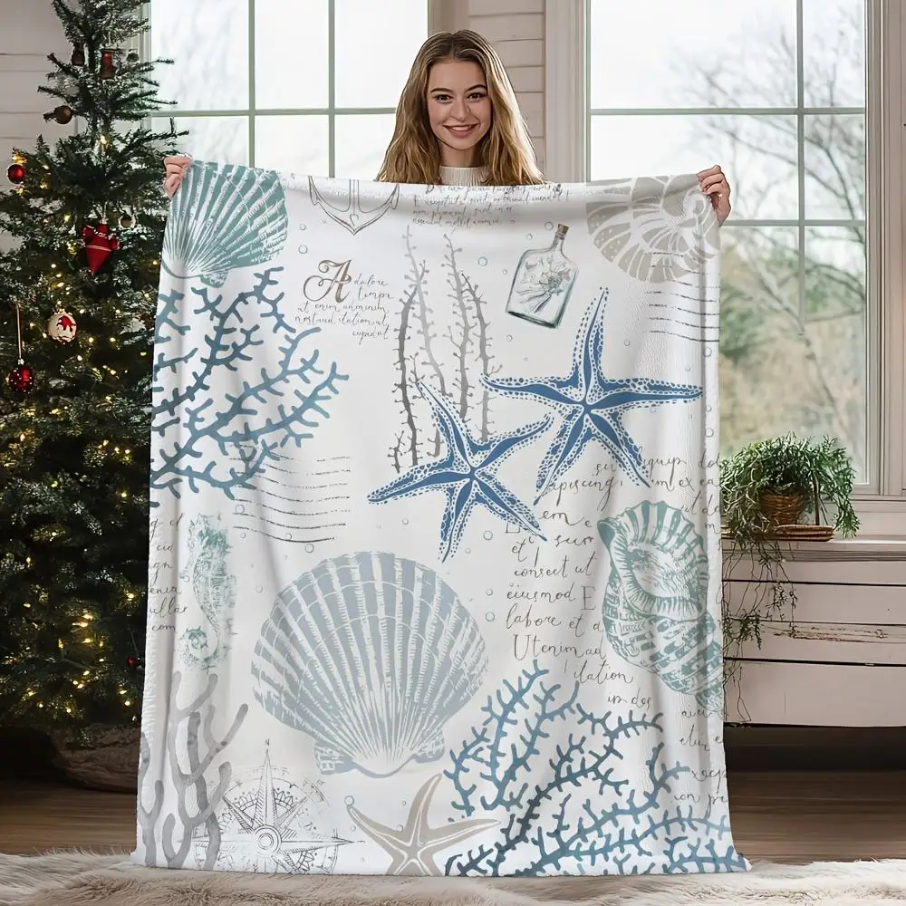 Vintage Nautical Starfish & Shell Blanket - Hypoallergenic Polyester Plush Throw, Lightweight Blue & Cyan Coral Reef Desi