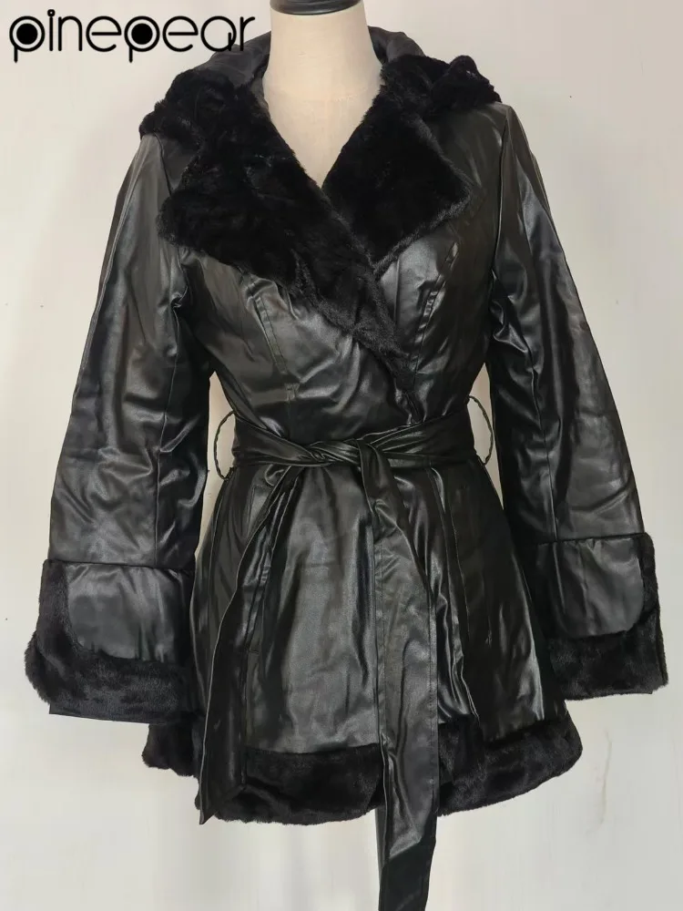 PinePear 2025 Fall Winter Pure Black Fur Leather Hooded Coat Long with Big Fur Collar and Cuff Women PU Leather Windbreak Coats