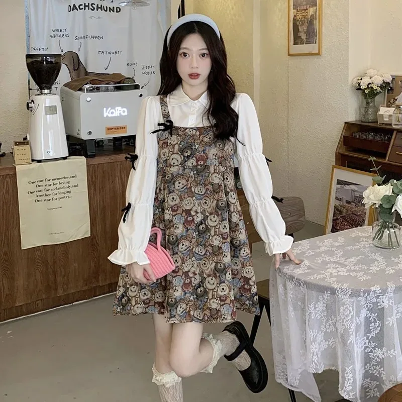 Summer Sweet Women Clothing Bow Long-sleeved Shirt Female Fashion Dress Fake 2pcs Bear Strap Mini Dress A-line Loose Y2k Dresses