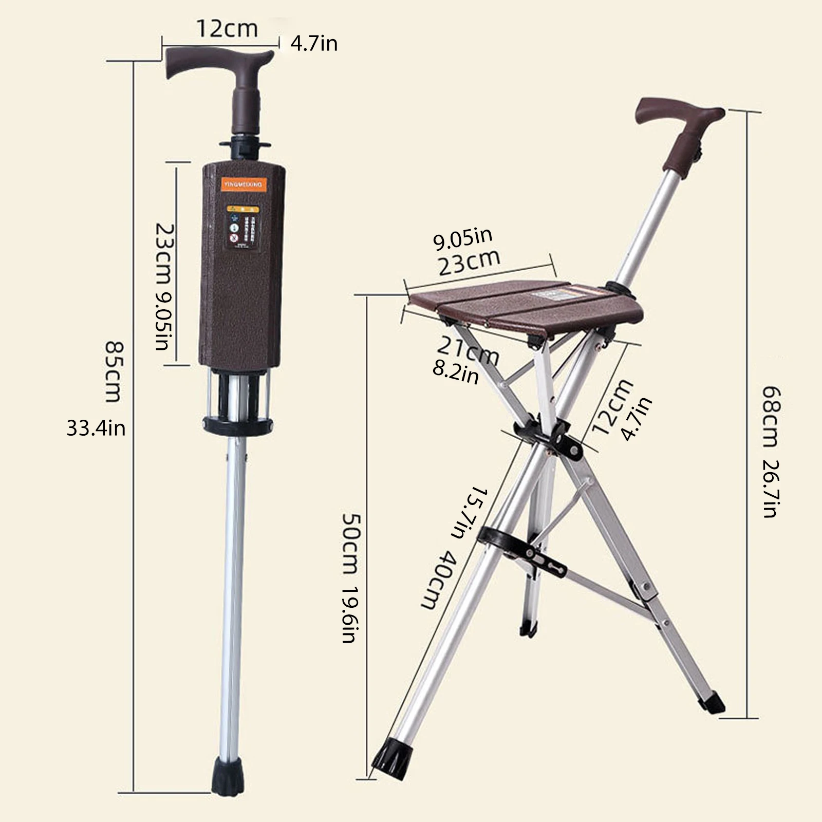 2-in-1 Walking Stick with Seat Folding Cane Stool for Elderly, Portable Mobility Aid with One-Button Open/Close