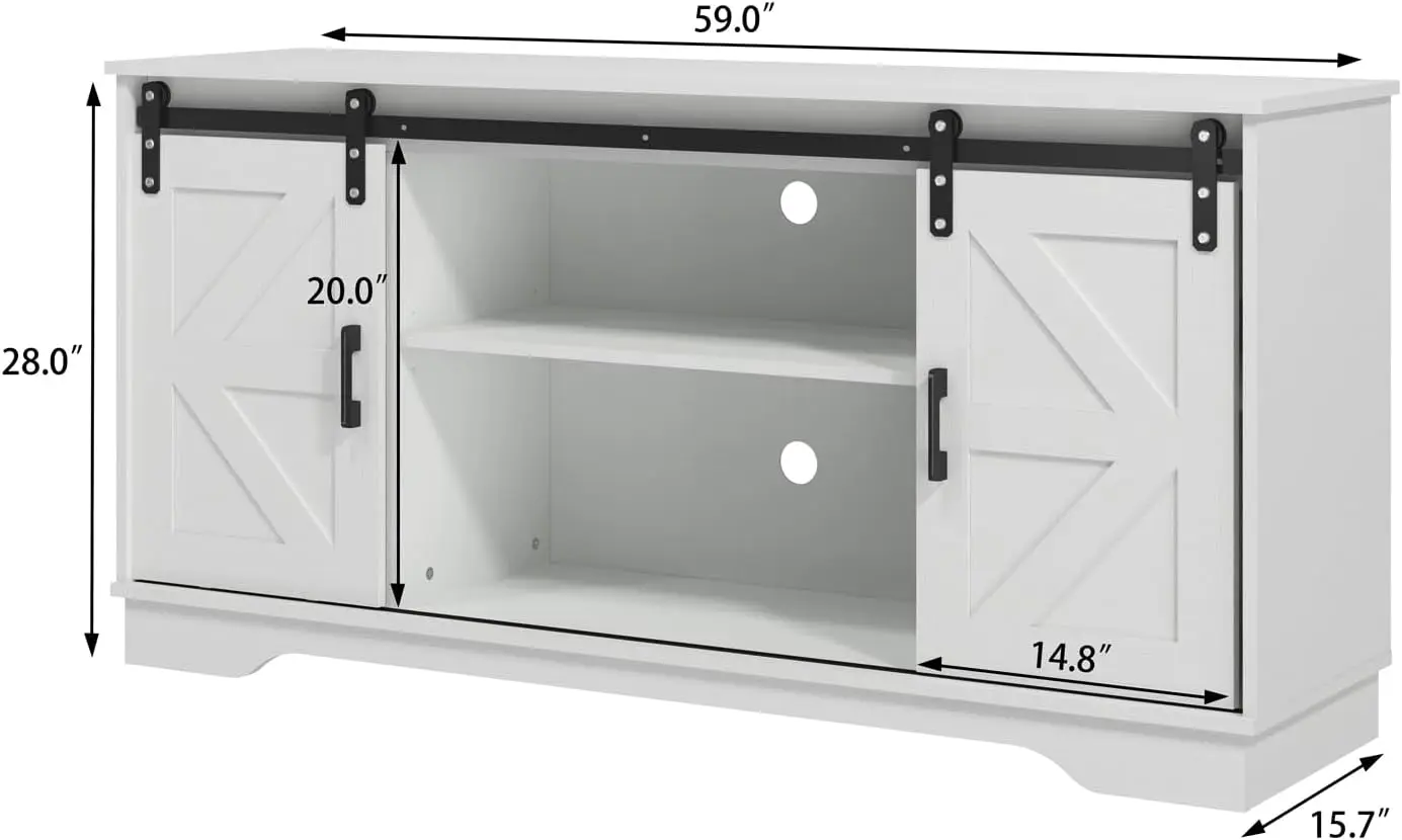 Armario de Buffet con puerta corredera de granja moderna, soporte de TV con estante ajustable, organizador de almacenamiento blanco, 57,87 "de largo