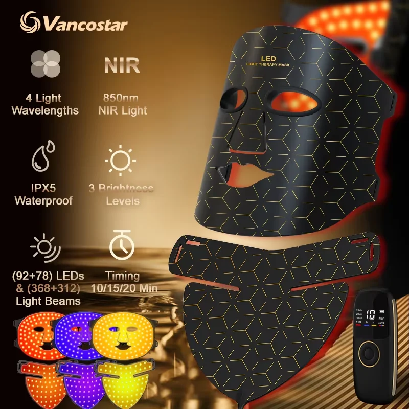 NIR LED-Gesichtsmaske, Halsmaske, 92 und 78 Lampen, 368 und 312 Strahl, Infrarot-Lichttherapie, 3 Helligkeiten, reduziert Falten, Akne, Gesichtspflege