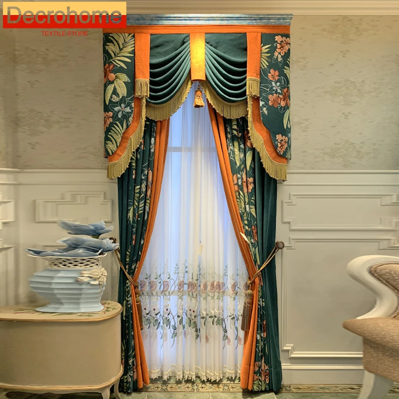 American Retro Chenille Jacquard Dark Green Orange Thickened Curtains for Living Room Bedroom French Window Villa Customized