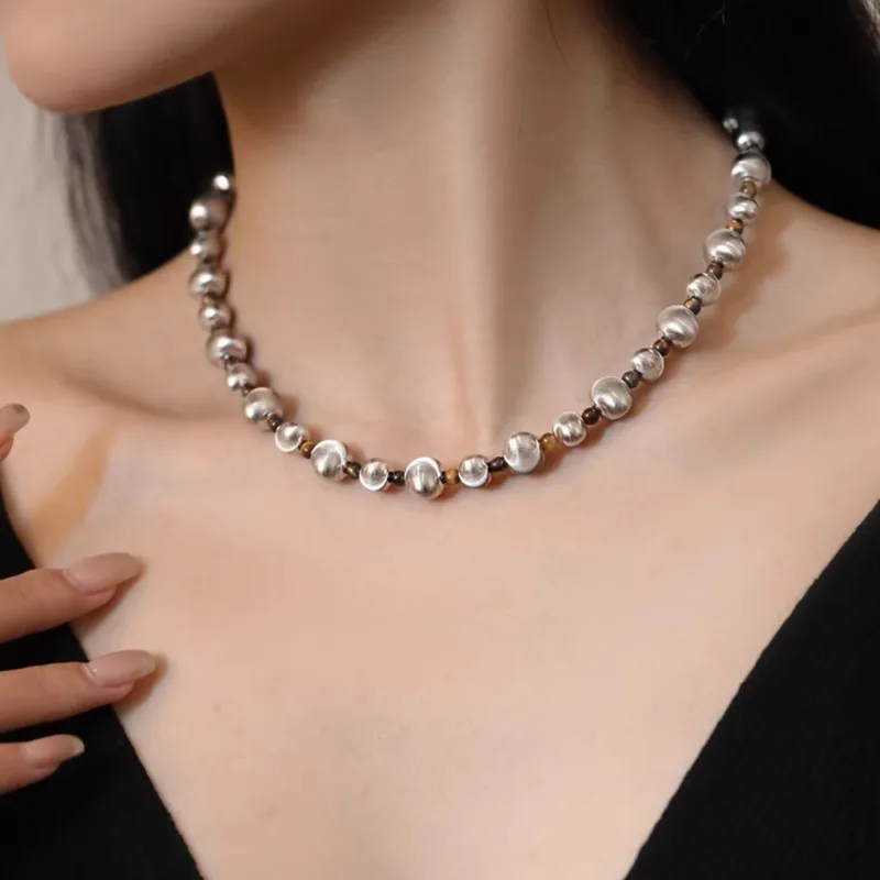 

S925 sterling silver retro national style cat's eye silver bead tiger's eye stone necklace niche new Chinese national style