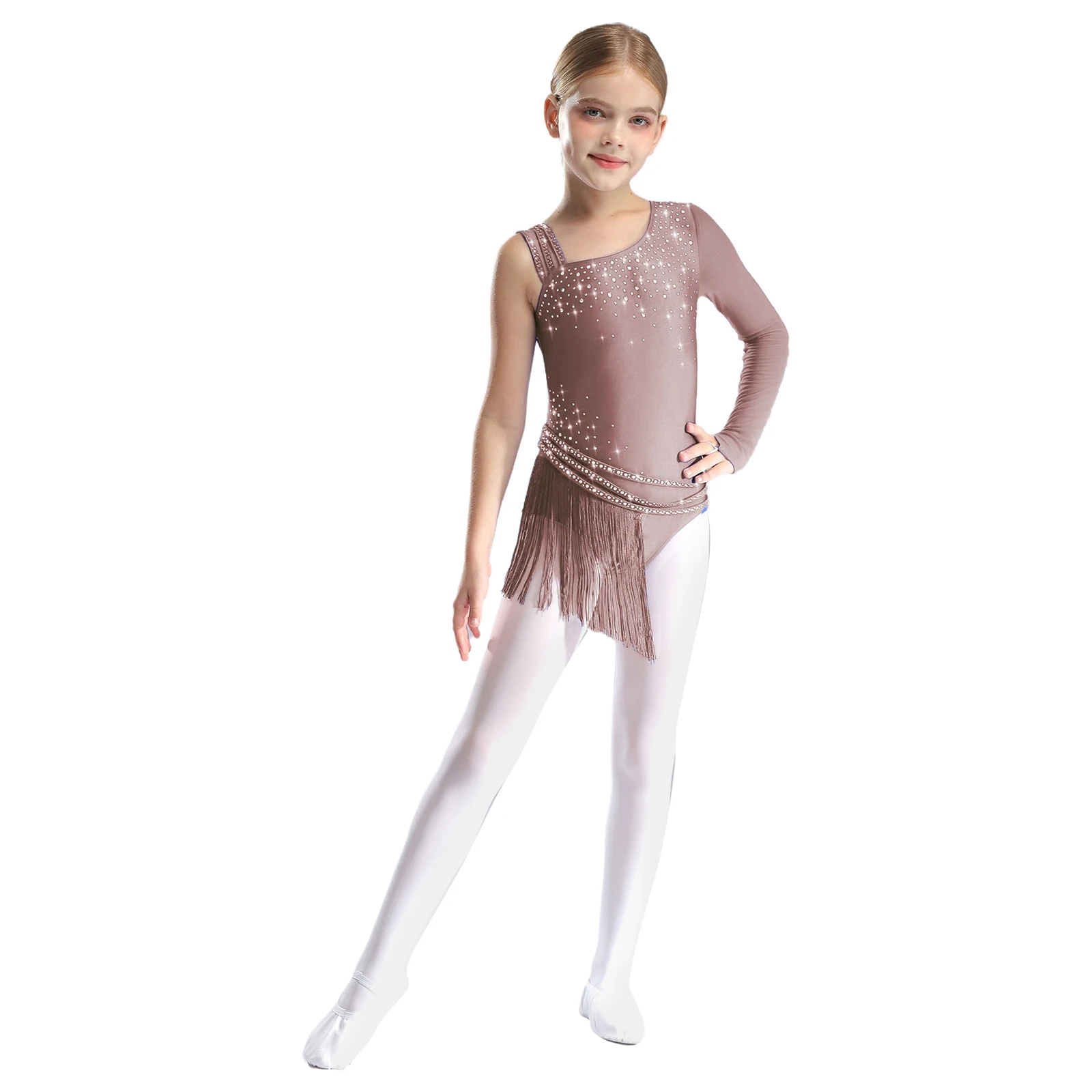 Kids Girls Glittery Rhinestone Figure Skating Fringe Leotard for Competition Gymnastics Jumpsuits Ballet Clothes Tassel Bodysuit