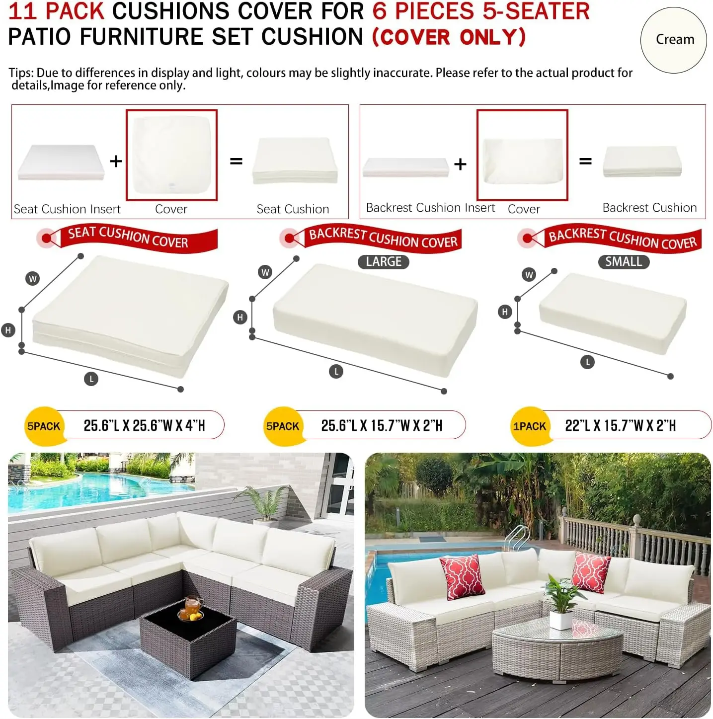 Assento ao ar livre e almofadas traseiras Substituição, Covers Fit para 5 lugares, 6 peças, vime do Rattan, Mobília do pátio, Conjunto de substituição, 11Pack