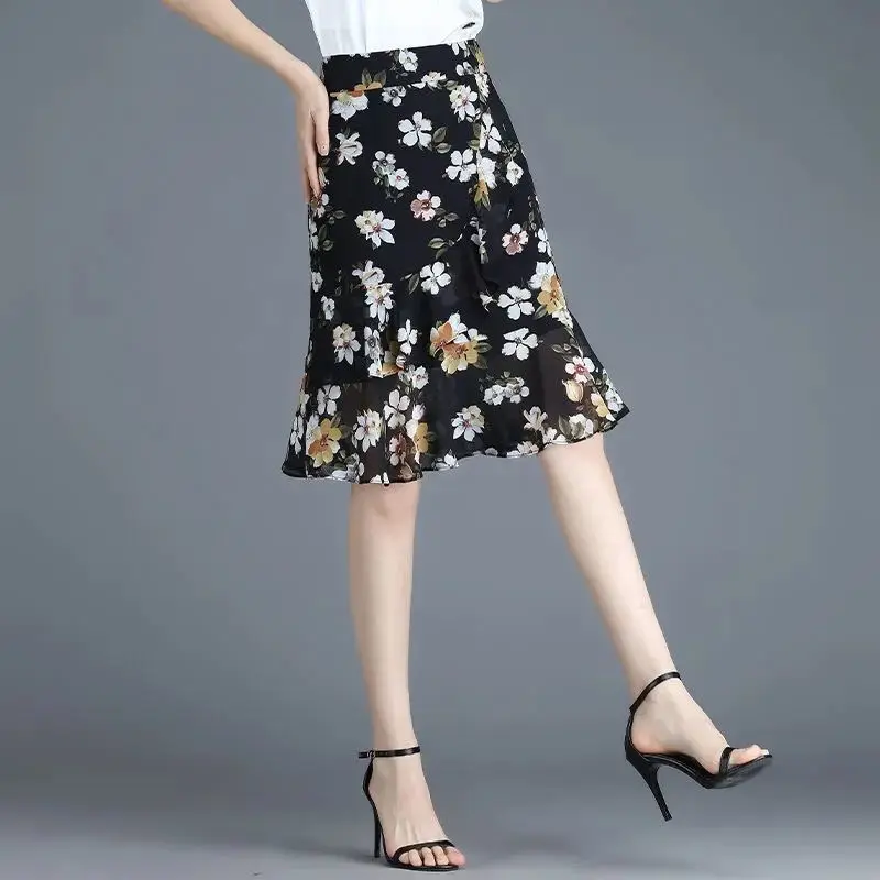 Women's Skirt Chiffon Floral Ruffle Midi Black Female Skirts Chic and Elegant Y2k Vintage Korean Fashion Casual Modest Style V