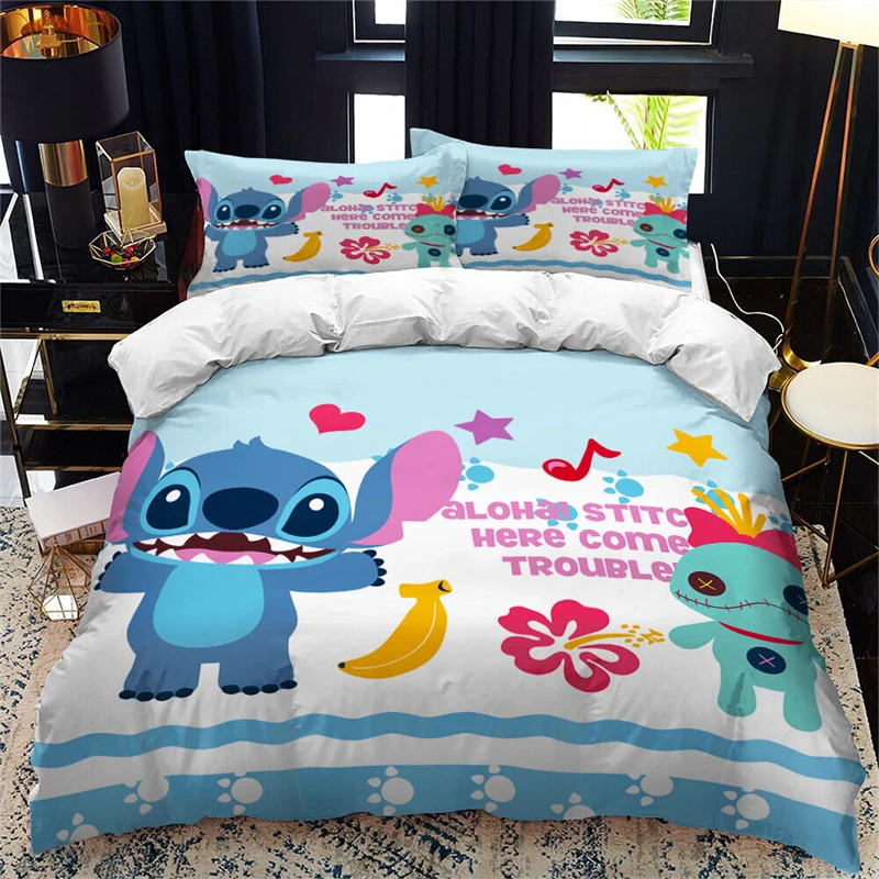 Ensemble de literie dessin animé Stitch pour enfants et adultes, housse de couette, taie d\'oreiller, lit double, cadeau pour fille, décoration de