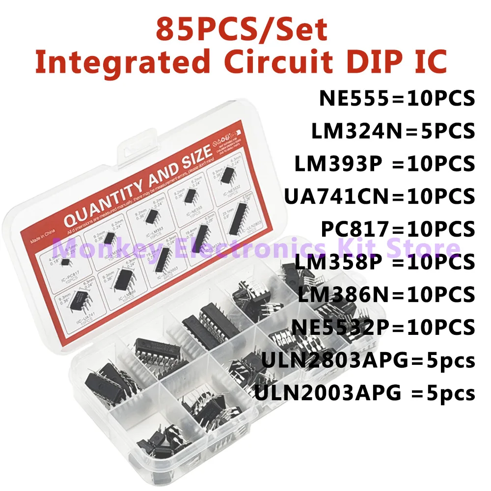 85PCS Integrated Circuit IC NE555 LM324 LM358 ULNN2803 IC chip kit DIP single precision timer 10 kinds diy kit electroni tentacl