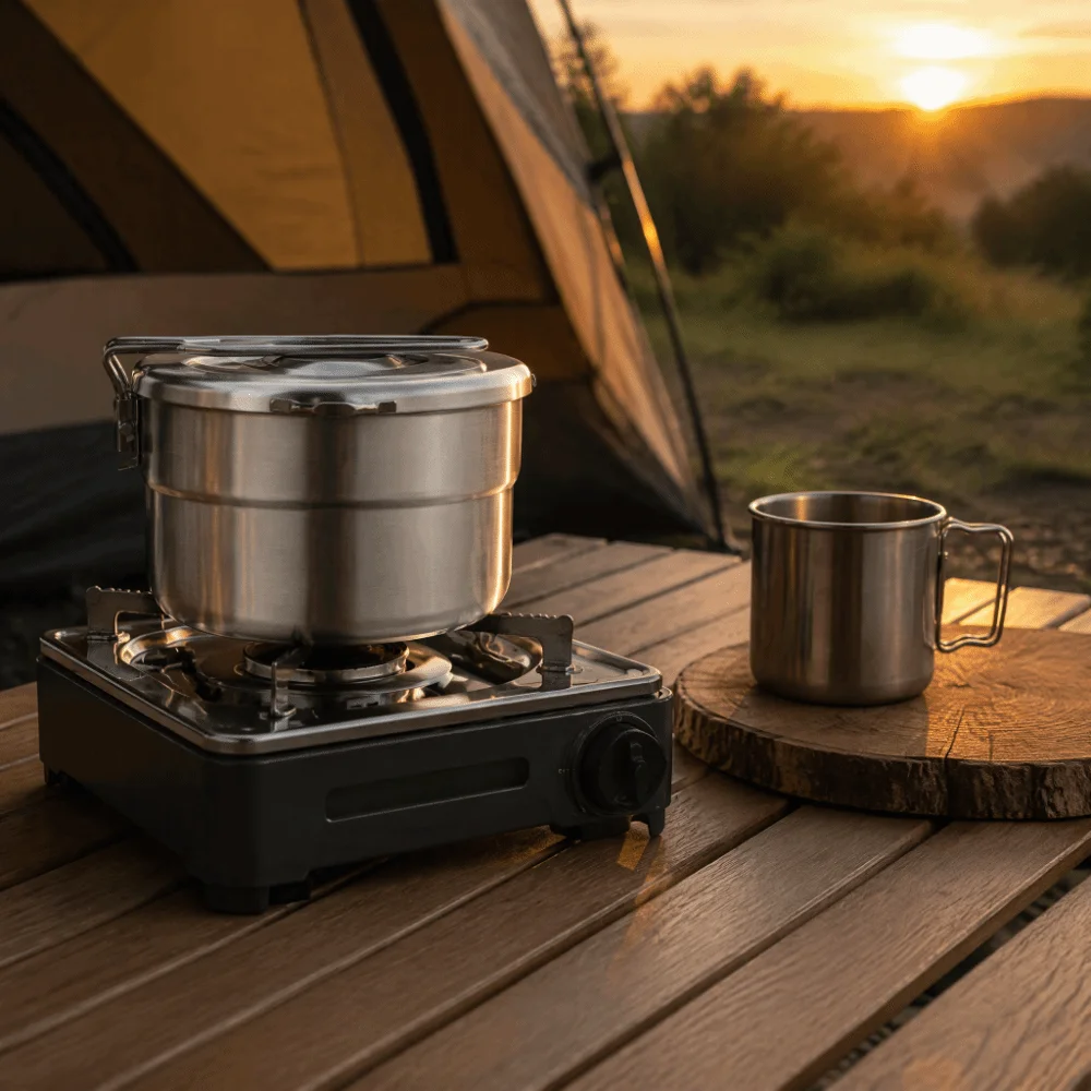 Portable 1.5L Camping Cook Pot Folding Handle Practical 304 Stainless Steel Lunch Box With Lid Outdoor Cookware Hiking