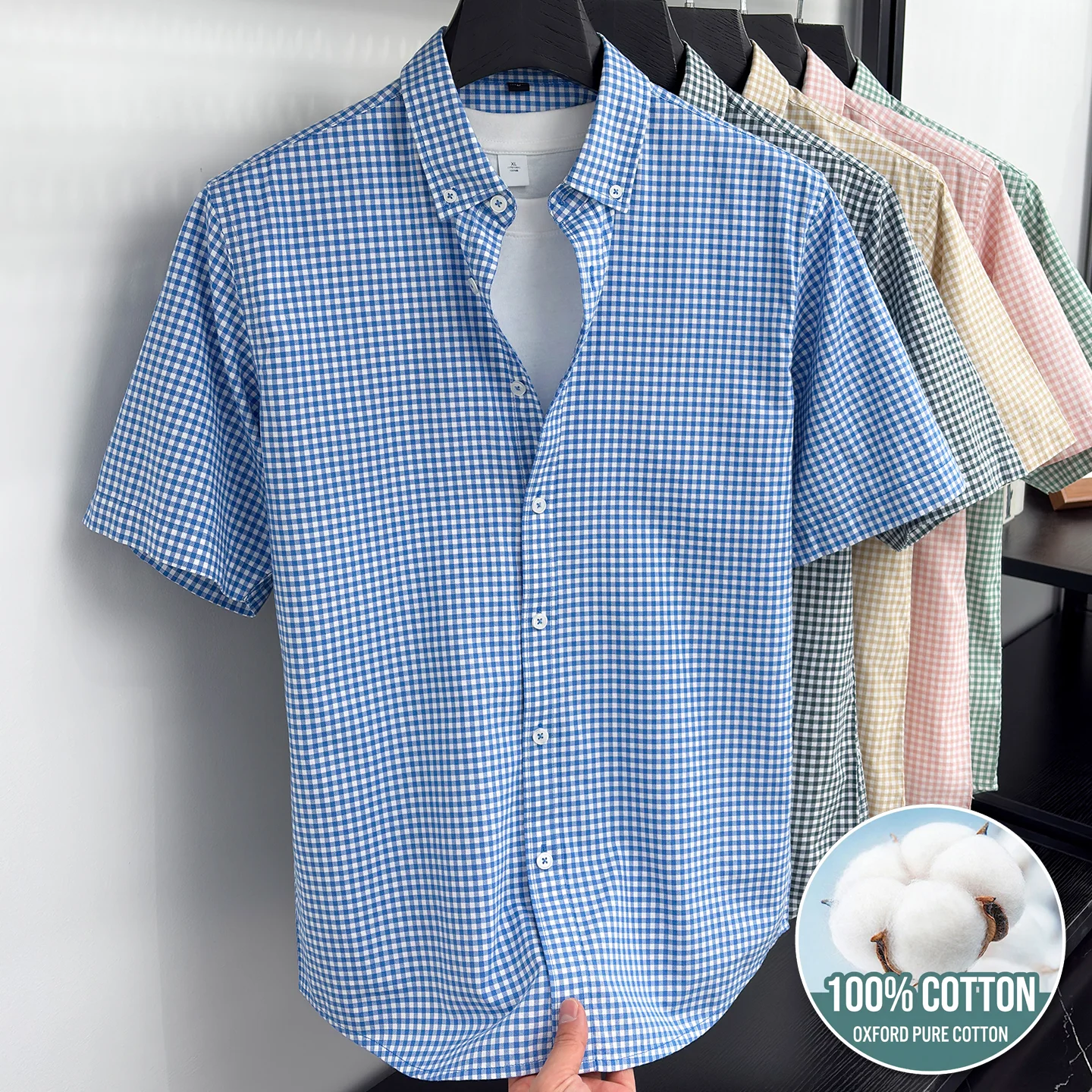 

Men 100% Cotton Oxford Shirt Short Sleeve Gingham Plaid Button Down Collar Casual Business Breathable Tops Summer