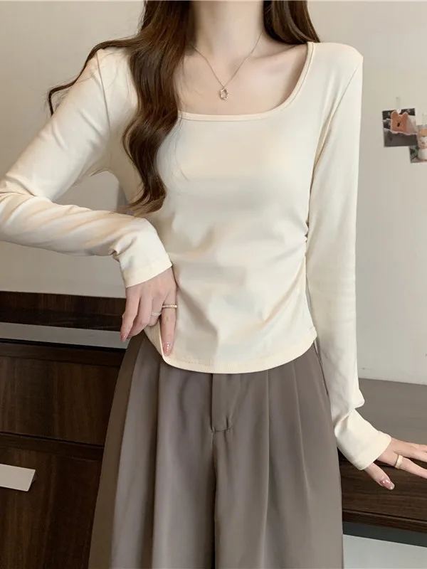 Korean Style Simple Modal Long Sleeve Women's T-shirt Spring Autumn New Square Collar  Color Overhead Shoulder Top
