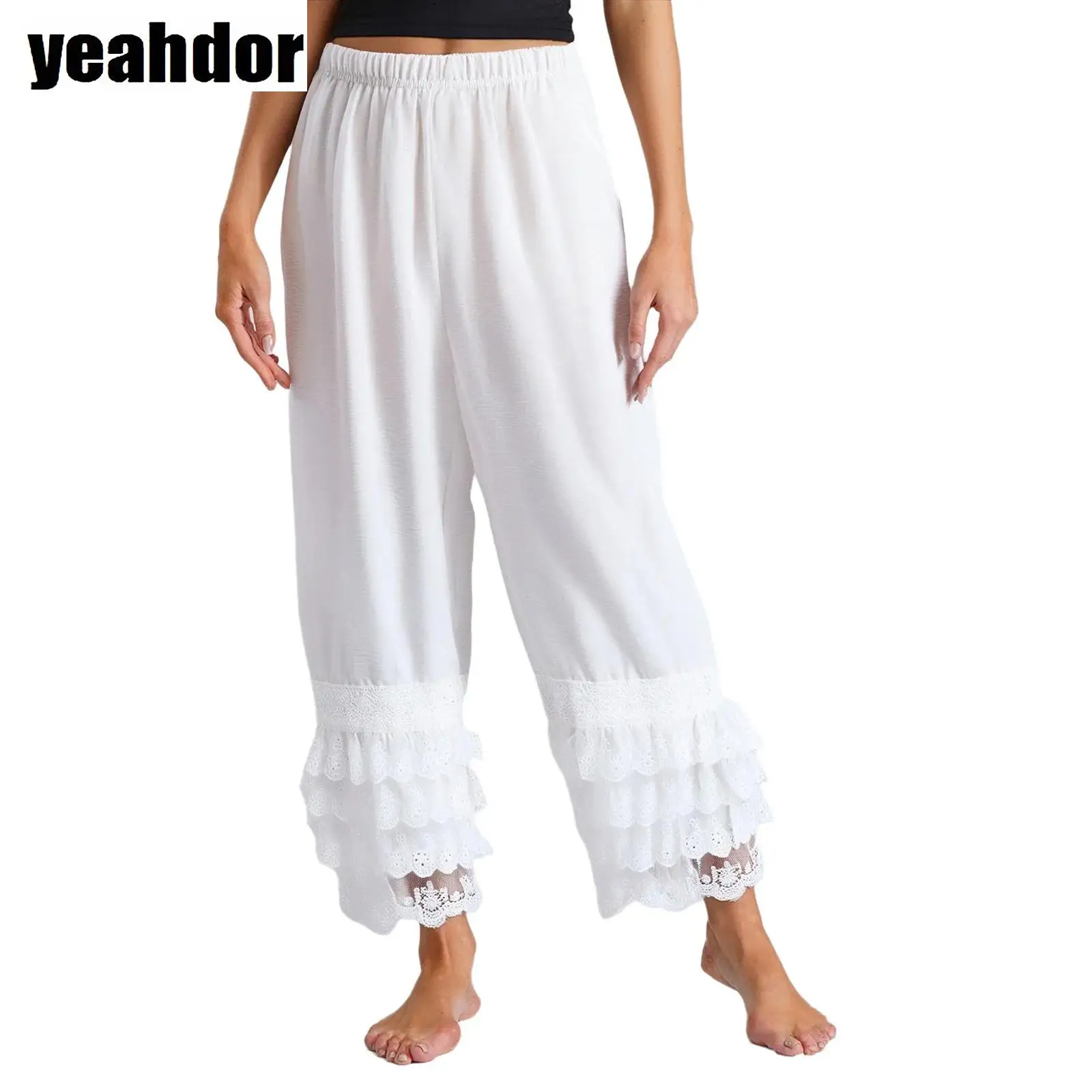 Women Lace Trim Pants Vintage Pettipants Bohemian Long Bloomers Pants Trousers Elastic Waist 4-Layer Cute Ruffle Pumpkin Pants