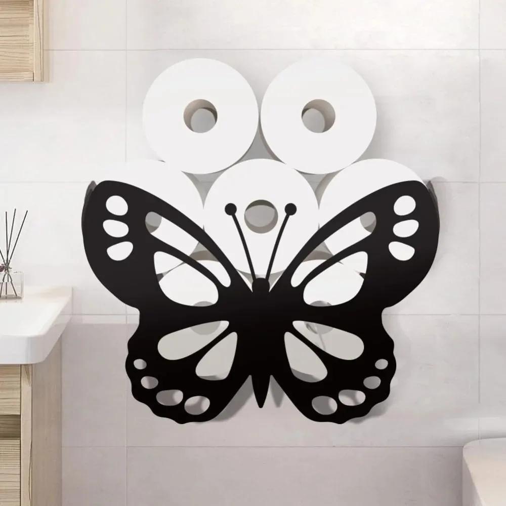 Toilettenpapierhalter aus Metall mit Schmetterlingsmotiv, schwarz, zur Wandmontage, Toilettenpapierhalter, lustiger Tier-Toiletten-Organizer, Ständer, extra 8 Rollen