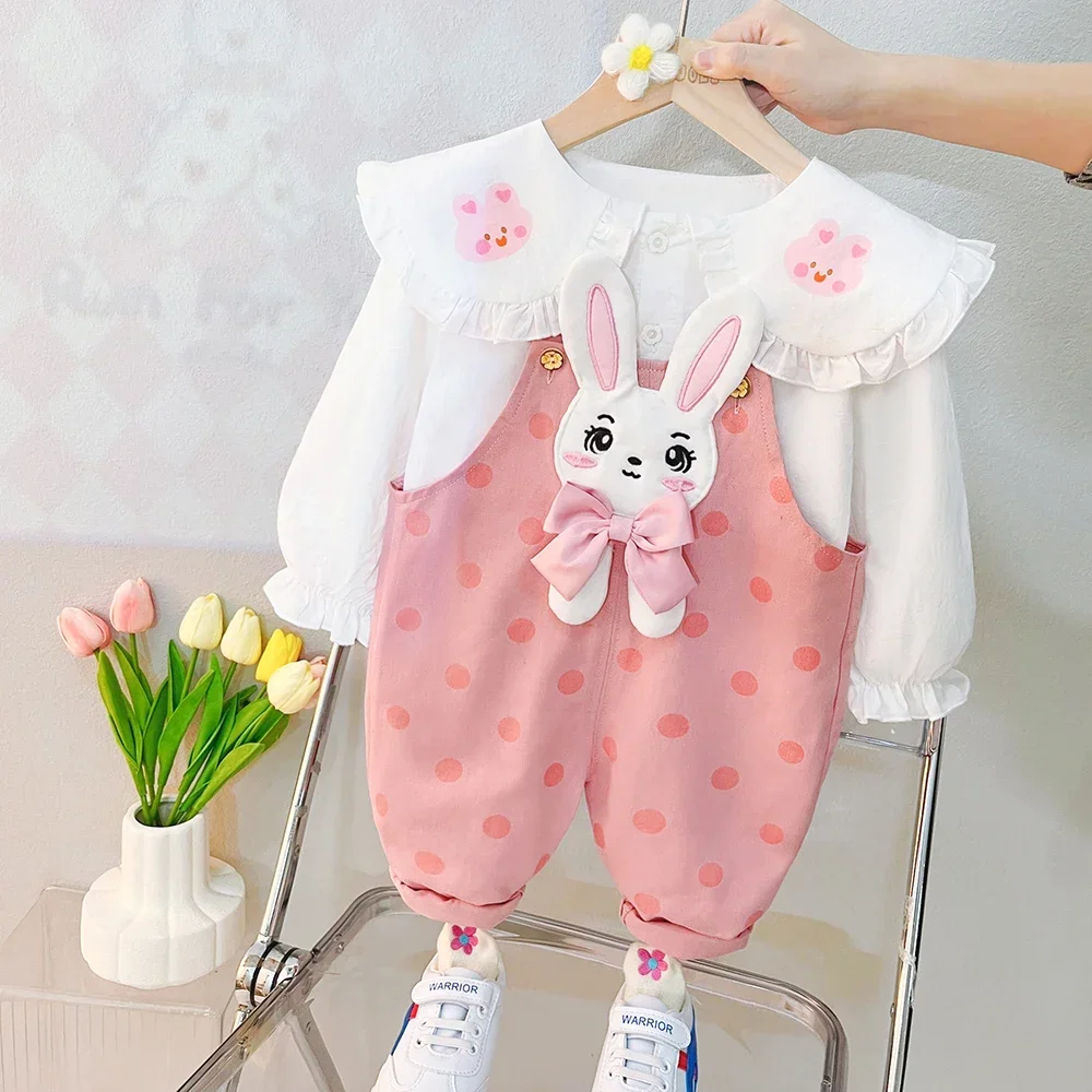 

2023 Spring Kids Clothing Sets Baby Girls Lace Shirt Cartoon Rabbit Overalls Children Costume 2 Pcs Suits Infant Clothes Outfits