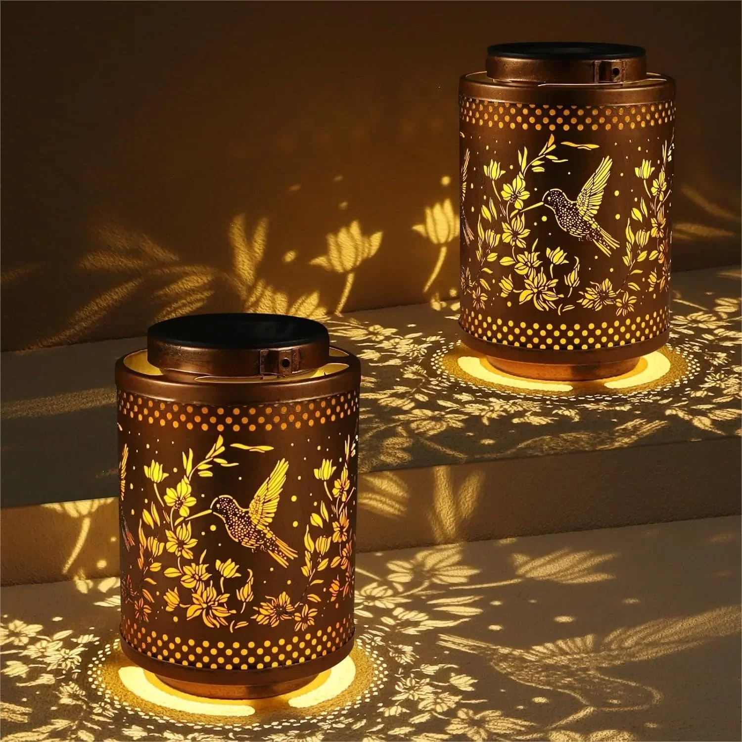 

2 Pack Hummingbird Solar Lanterns, Metal Hanging Garden Decor, Waterproof Outdoor Lights for Yard