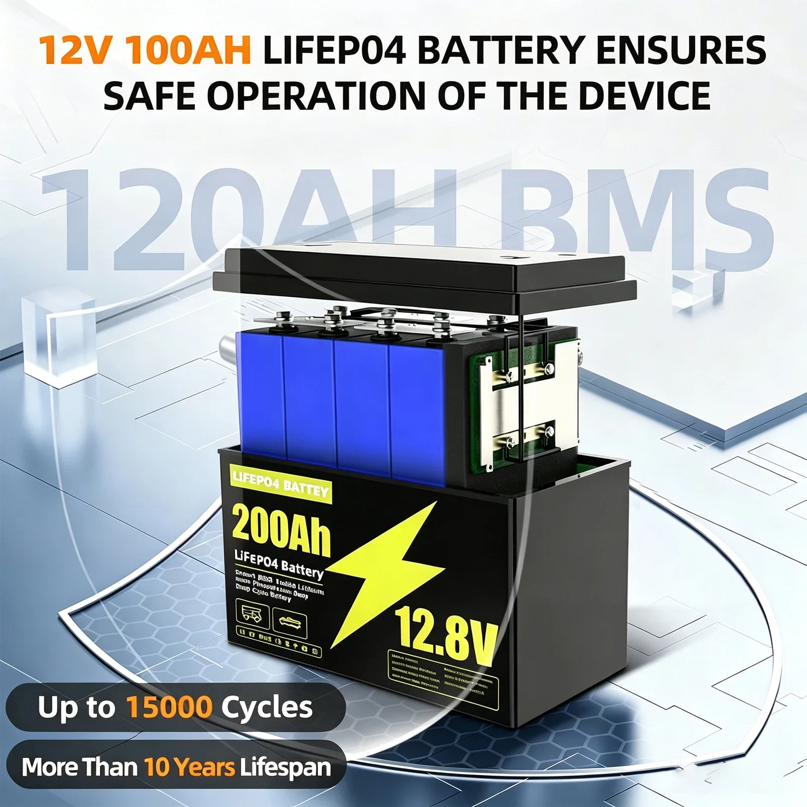 12V 200Ah Lithium LiFePO4 Battery Deep Cycle Replace Lead Acid Built-in BMS For Off-Grid Solar Marine Yacht Backup Power Supply