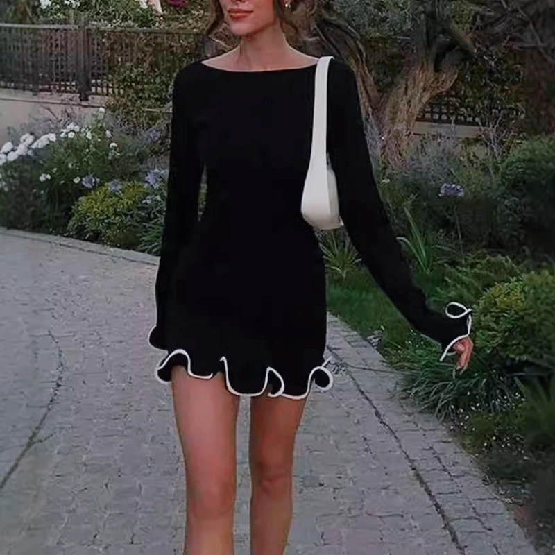 

Women Black Wave Cut Ruffles Bodycon Mini Spring Autumn Dress Slash Long Sleeve Slim Casual Evening Chic Holiday Party French
