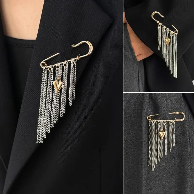 Broche Cœur Minimaliste Élégante à Pampilles et Chaîne, Épingle de Sûreté Décorative pour Veste de Costume, Pull, Vêtements, Bijou d'Accessoire