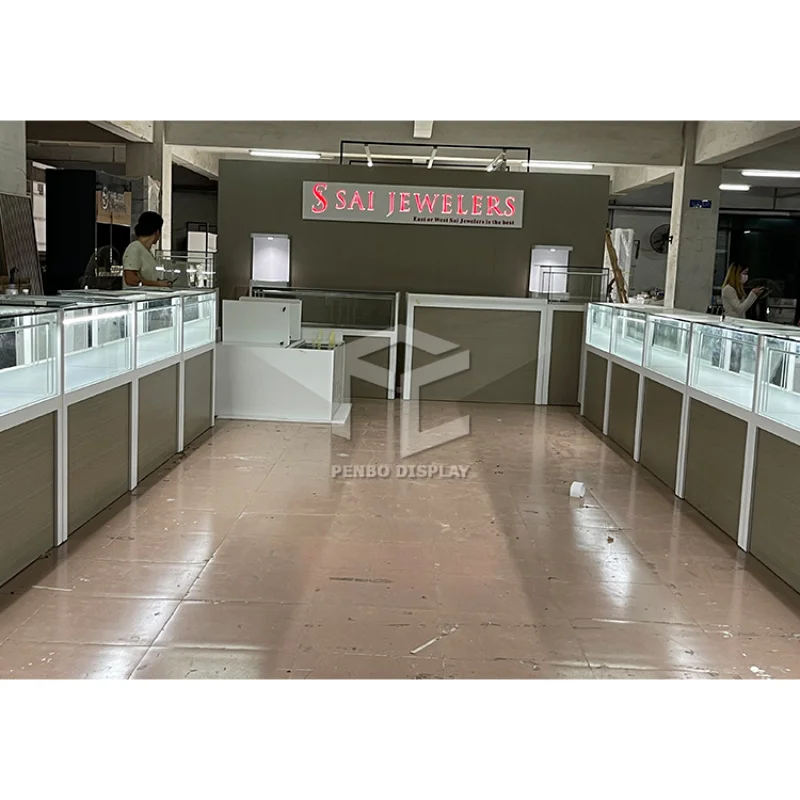 2025 맞춤형 화이트 유리 쥬얼리 쇼케이스 디스플레이 캐비닛, 조명 포함