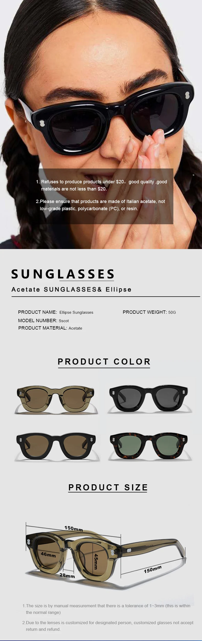 Thick Acetate Round Sunglasses Luxury Brand Original New Men Handmade Eyewear Trendy Women Outdoor Protection UV400 Sun Glasses