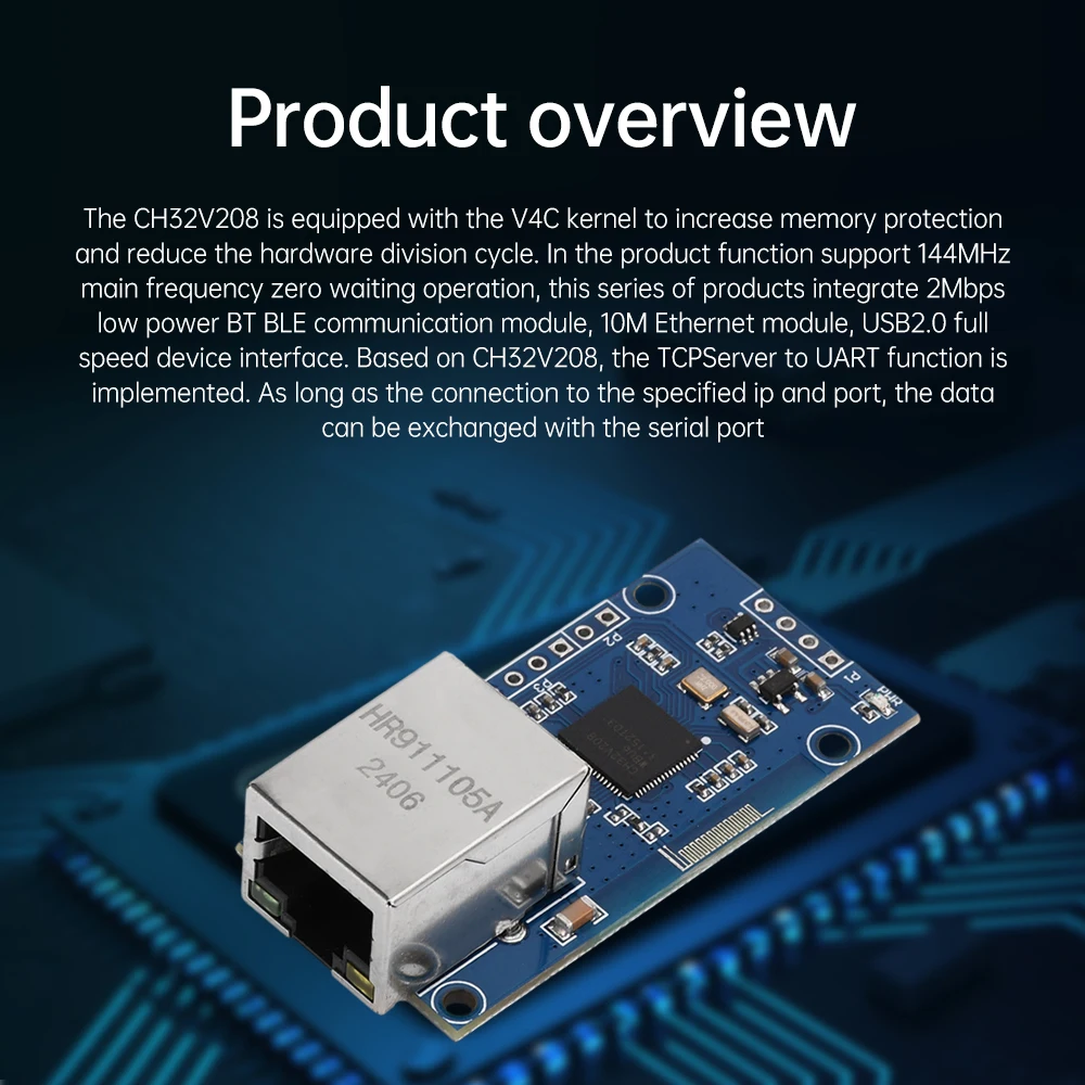 3.3V 5V CH32V208 Serial to Ethernet Module TTL Network Transparent Transmission Development Board RJ45 Ethernet Port With LED