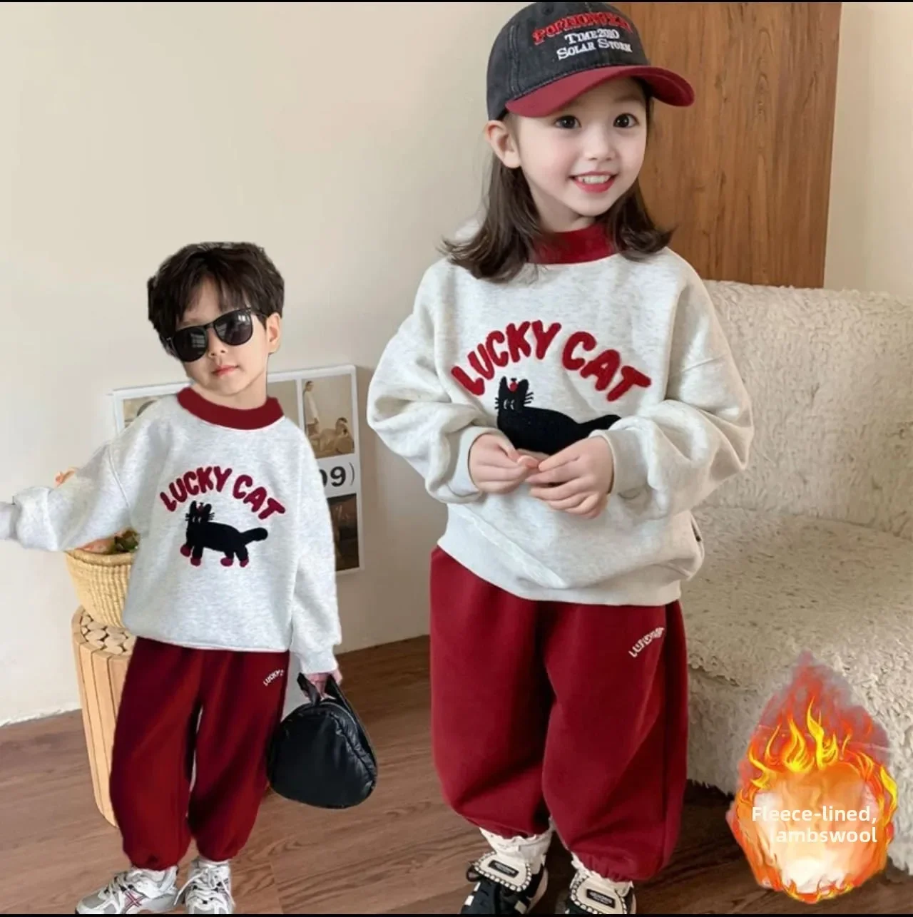 Kinder Cartoon Fleece Warme Sweatshirts Koreanischer Stil Rot Grau Rundhals Pullover Oberteile Herbst Winter Jungen Mädchen Freizeitkleidung – Detail 3