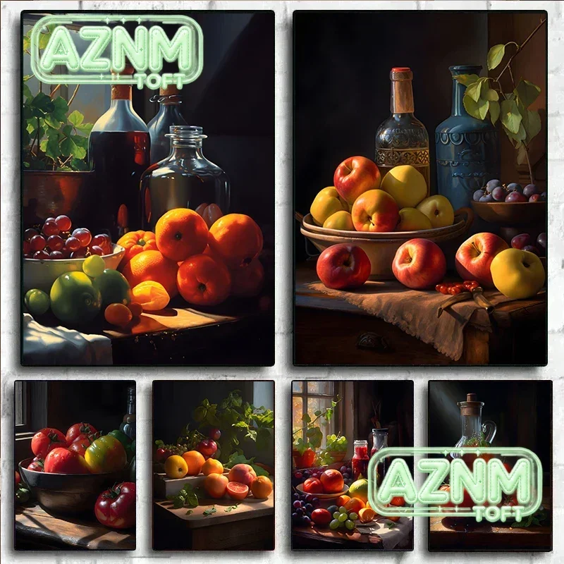 (No frame)Vintage Food Fruit Red Wine Poster Orange Tomato Prints Canvas Painting Wall Art Pictures for Home Kitchen Decor Cu