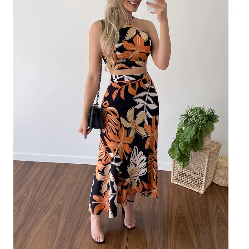 Floral Printing Dress Set  Summer Casual Suit New Printed Cropped Lace Vest High Waist Skirt Two Piece Dress Set Beach Dress Set