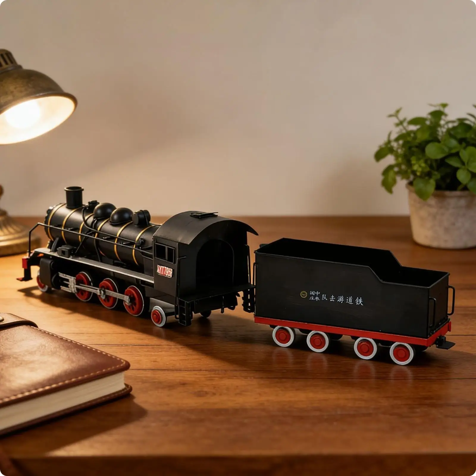 Modelo de Locomotora de Vapor de Hierro, Adorno de Tren Vintage con Detalles Rojos