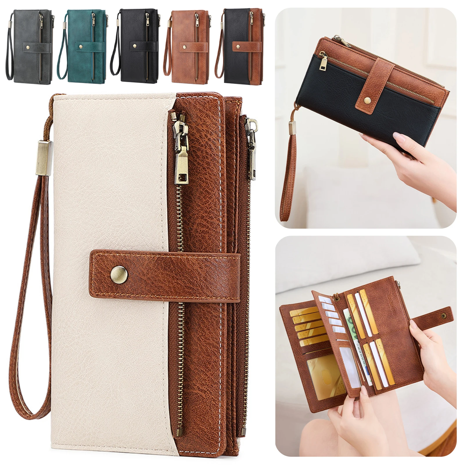 RFIDs Women's Vintage Tri-Fold Long Wallet Waterproof Anti-magnetic PU Leather Zippered Multi-Card Slot Purse Card Holder