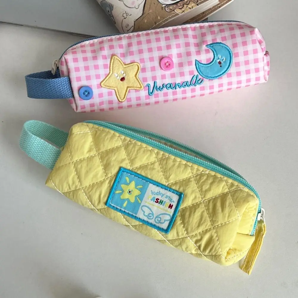 New Star Moon Pattern Pen Bag Handheld Zipper Design Pencil Case Canvas Large Capacity Pen Box School Office