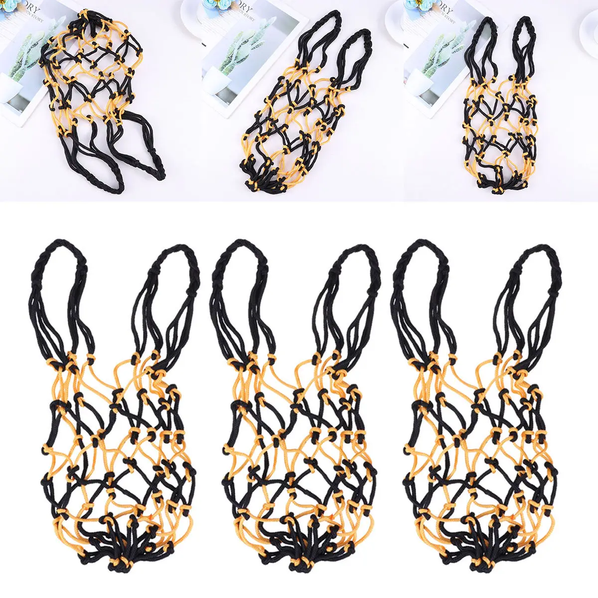 

3Pcs Durable Drawstring Ball Mesh Net Bag Yellow Black for Sports Training Institutions Waterproof Thick Straps