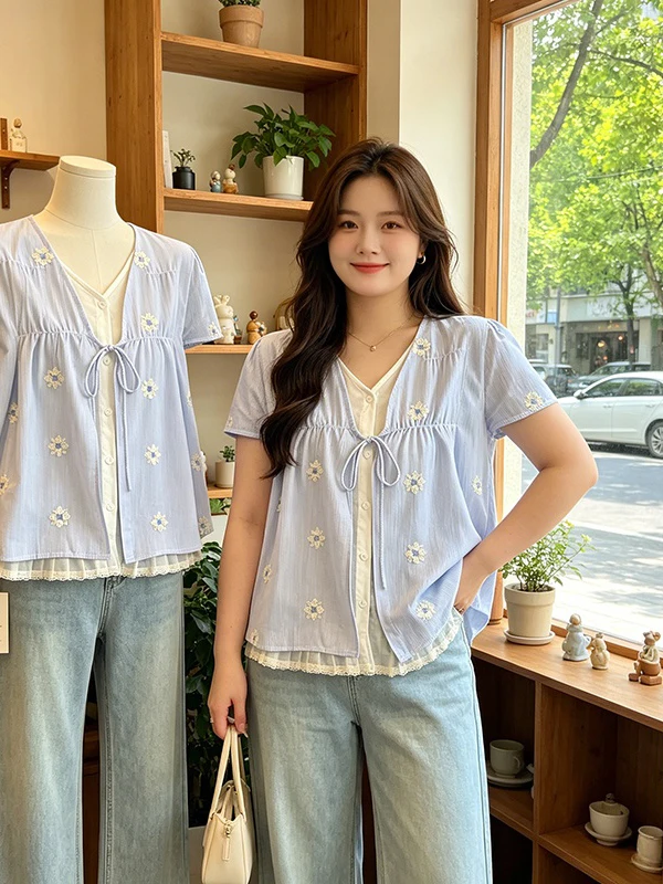 

Sweet Oversized Floral Striped Short Sleeve Doll Shirt Women Summer Loose Meat Concealing Anti-aging Top Korean Style Co...