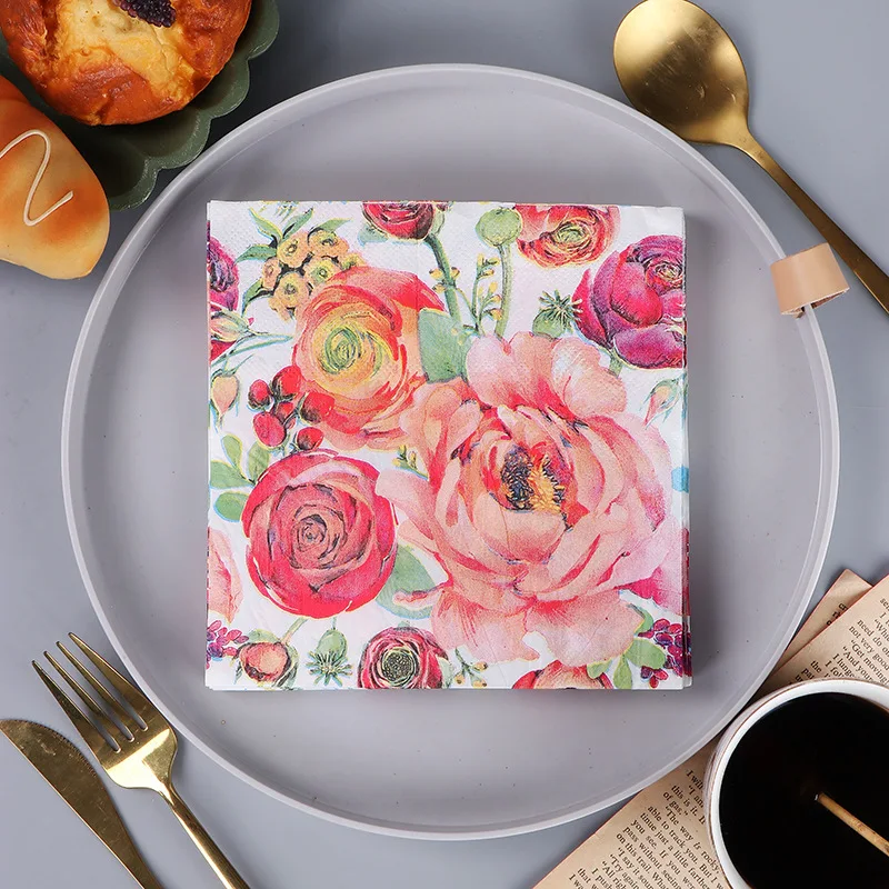 Restaurant Upscale Colourful Printing Paper Napkin Rose Napkin Household Table Mouth Cloth 33cm Facial Tissue Paper 20pcs/pac