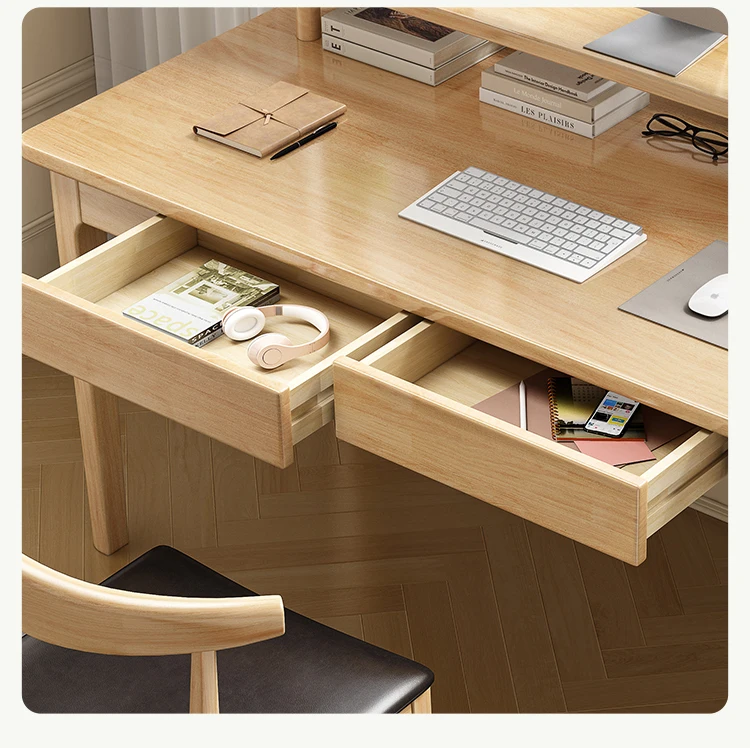 Nordic solid wood desktop computer desk with bookshelf, simple household student writing desk with keyboard stand for school use view 3